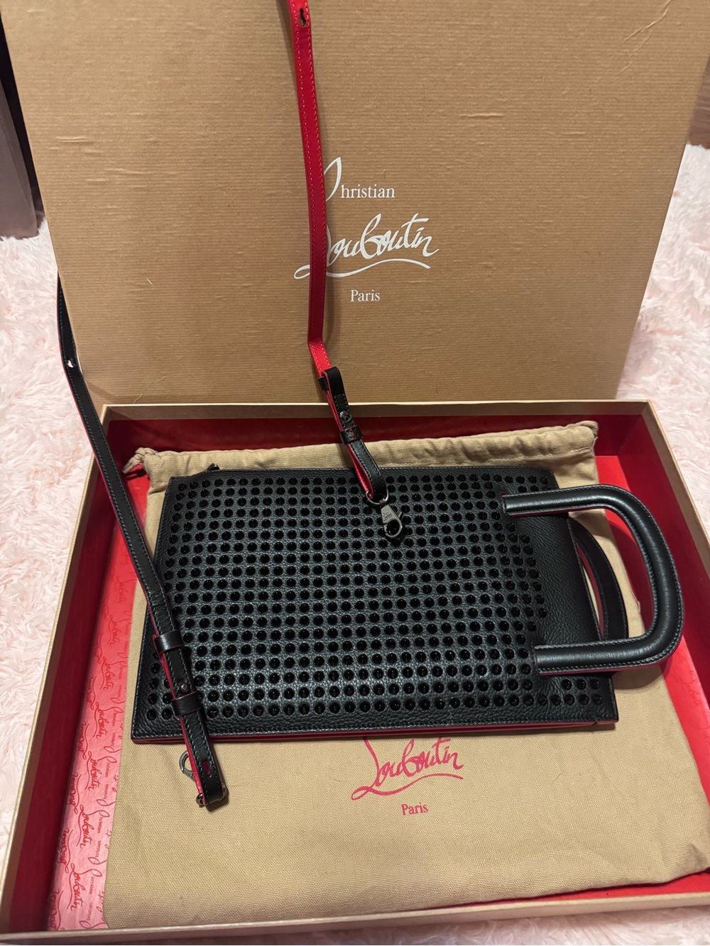 Christian Louboutin Black Leather Studded Crossbody with Red Trim